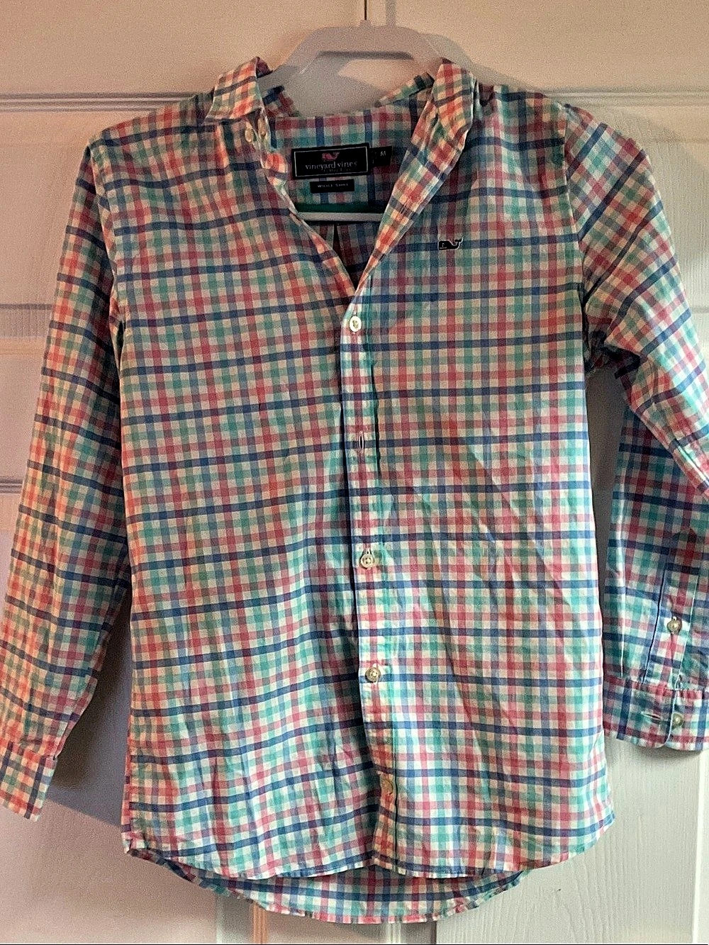 vineyard vines Boys Whale Shirt Plaid Button-Down Blue & Pink Medium